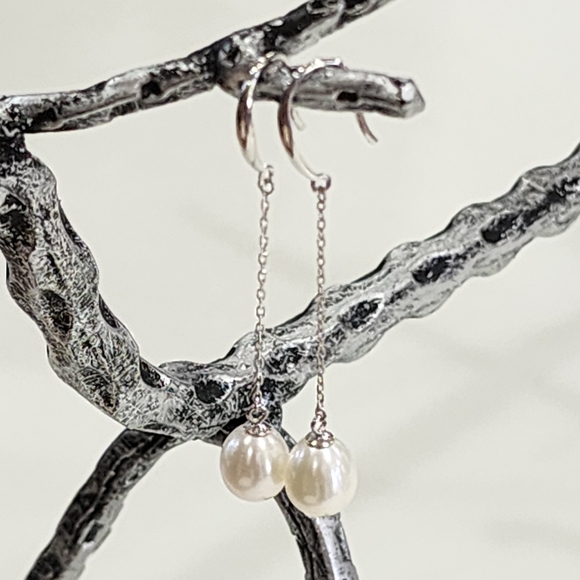 925 Sterling Silver White Cultured Freshwater Pearl Drop Dangle Hook‎ Earrings - Picture 6 of 12